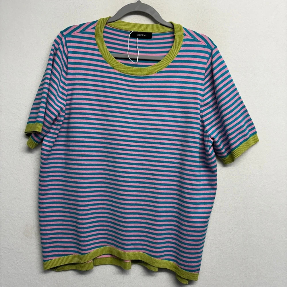 Dokotoo Stripe Knit Blouse Pink Blue 2XL - Picture 2 of 8